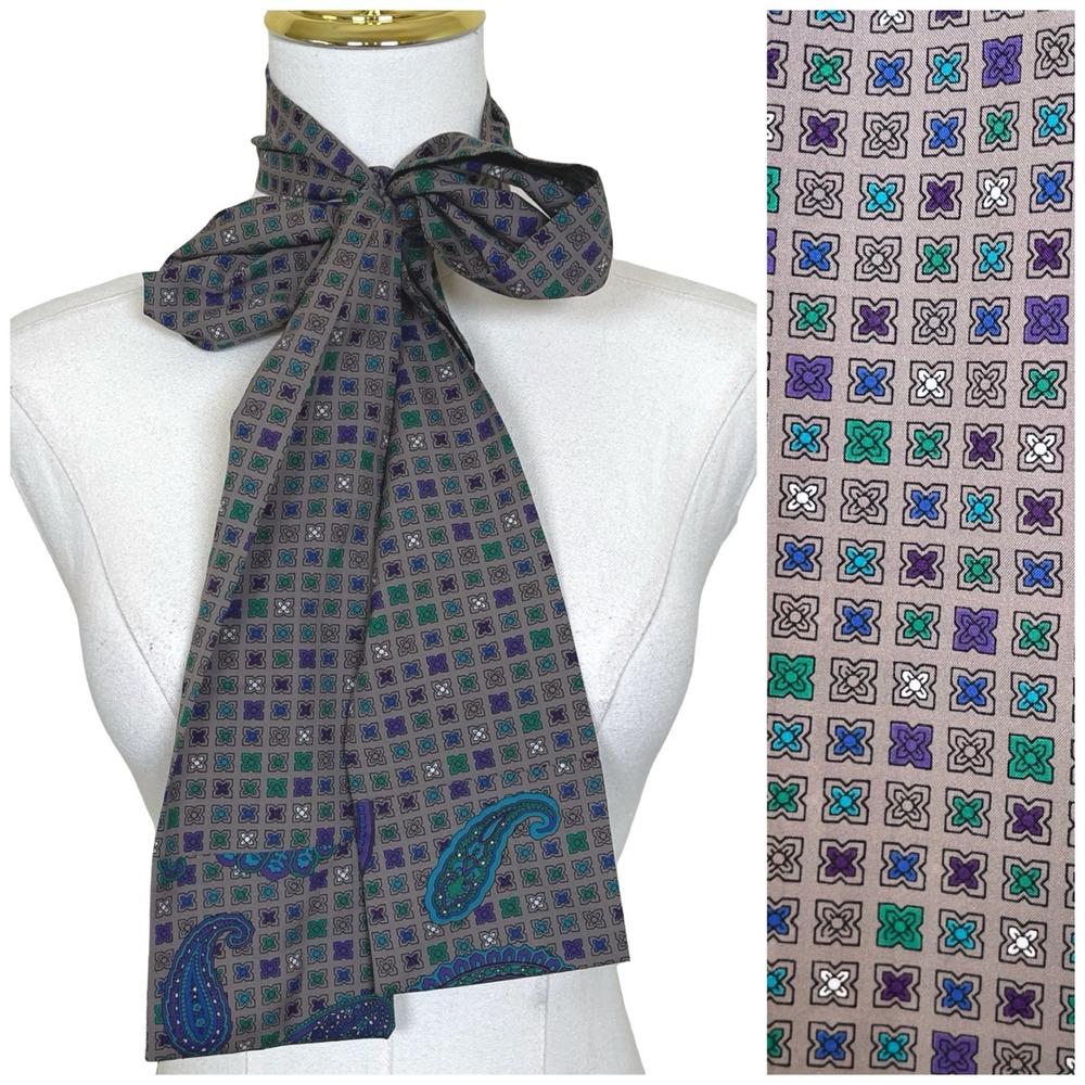 Vintage Skinny Scarf Gray Paisley Geometric Neck Tie Mod Retro 60s 70s Boho